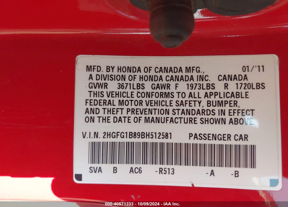2011 HONDA CIVIC EX VIN: 2HGFG1B89BH512581