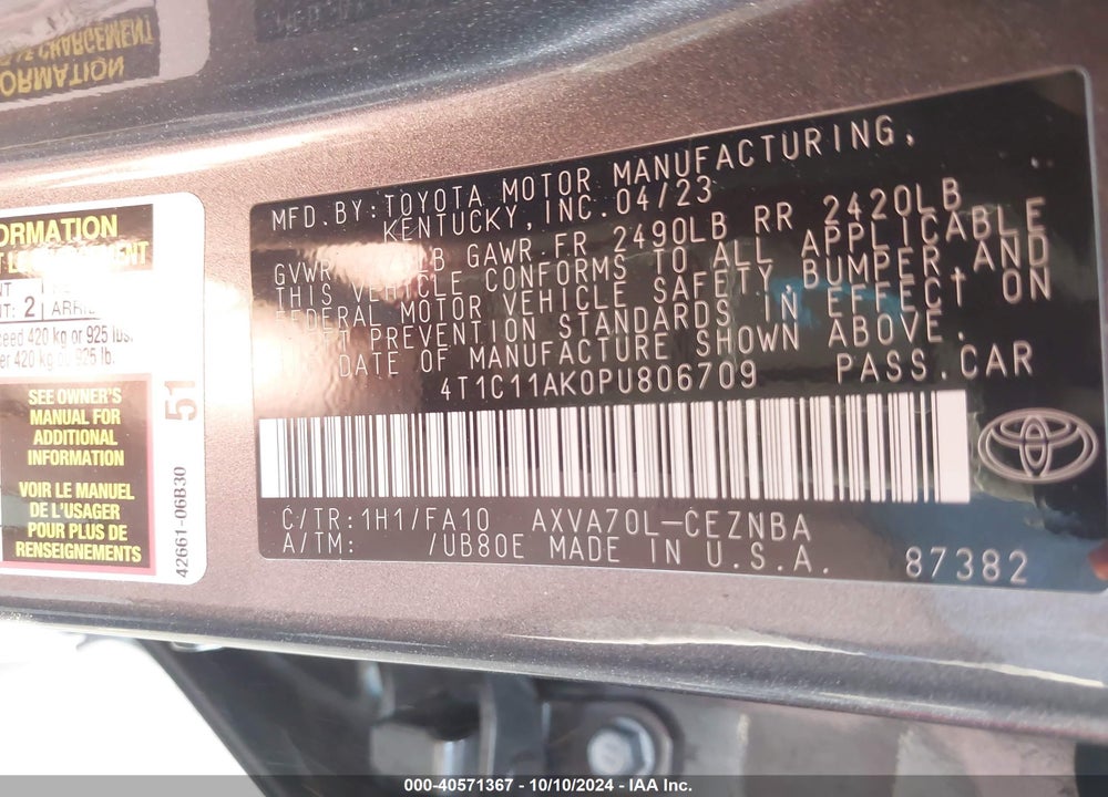 2023 TOYOTA CAMRY LE VIN: 4T1C11AK0PU806709