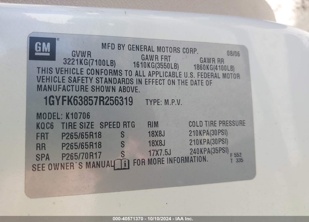 2007 CADILLAC ESCALADE STANDARD VIN: 1GYFK63857R256319