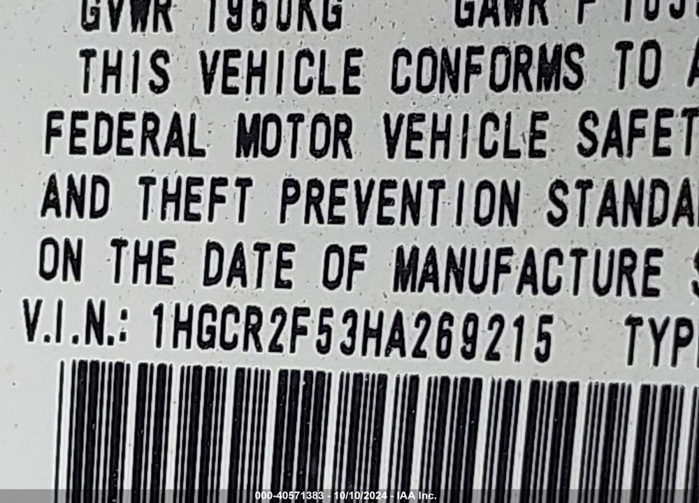 2017 HONDA ACCORD SPORT VIN: 1HGCR2F53HA269215