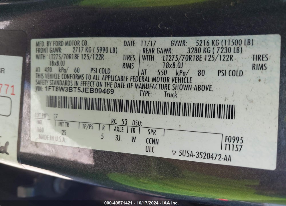 2018 FORD F-350 XLT VIN: 1FT8W3BT5JEB09469