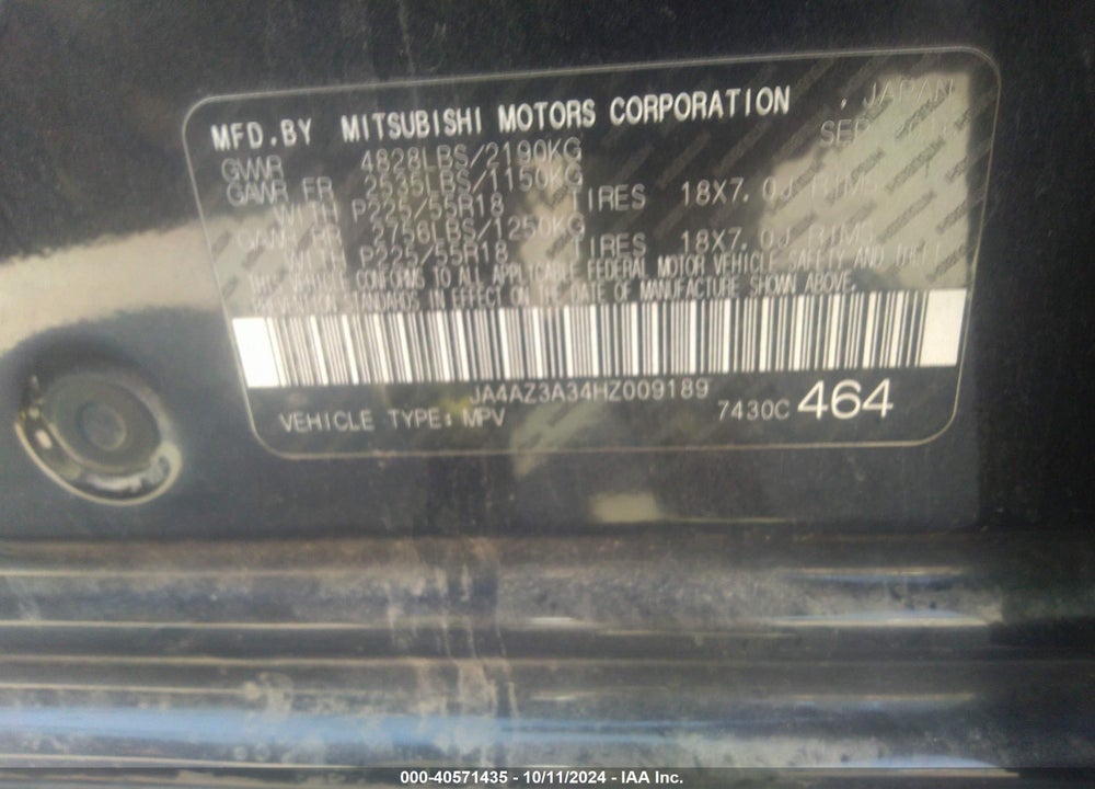 2017 MITSUBISHI OUTLANDER SE VIN: JA4AZ3A34HZ009189
