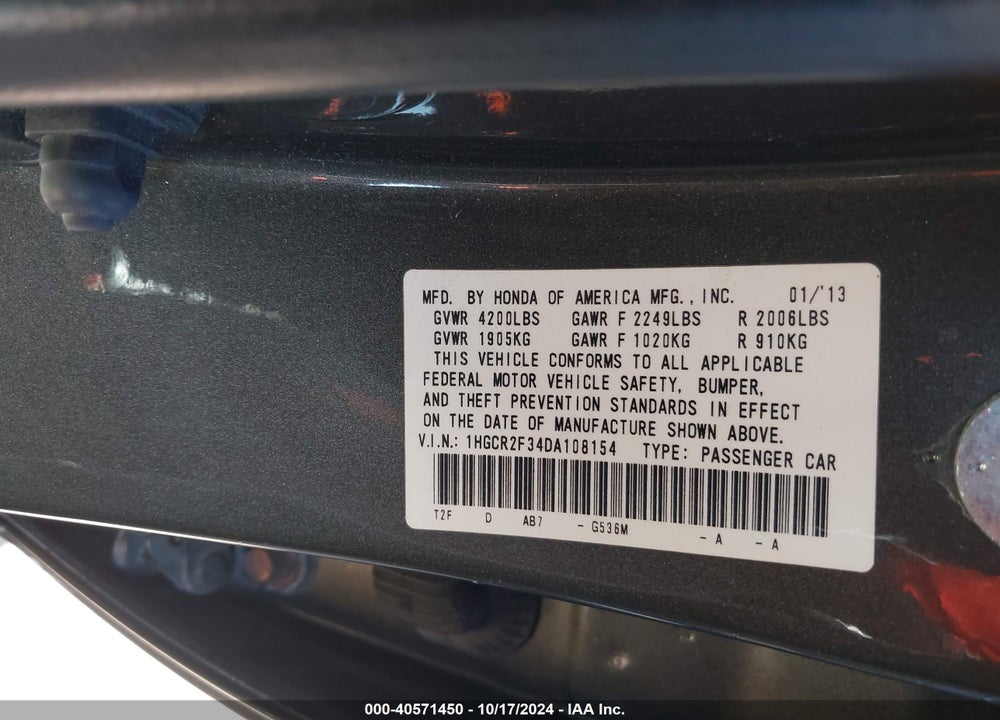 2013 HONDA ACCORD LX VIN: 1HGCR2F34DA108154