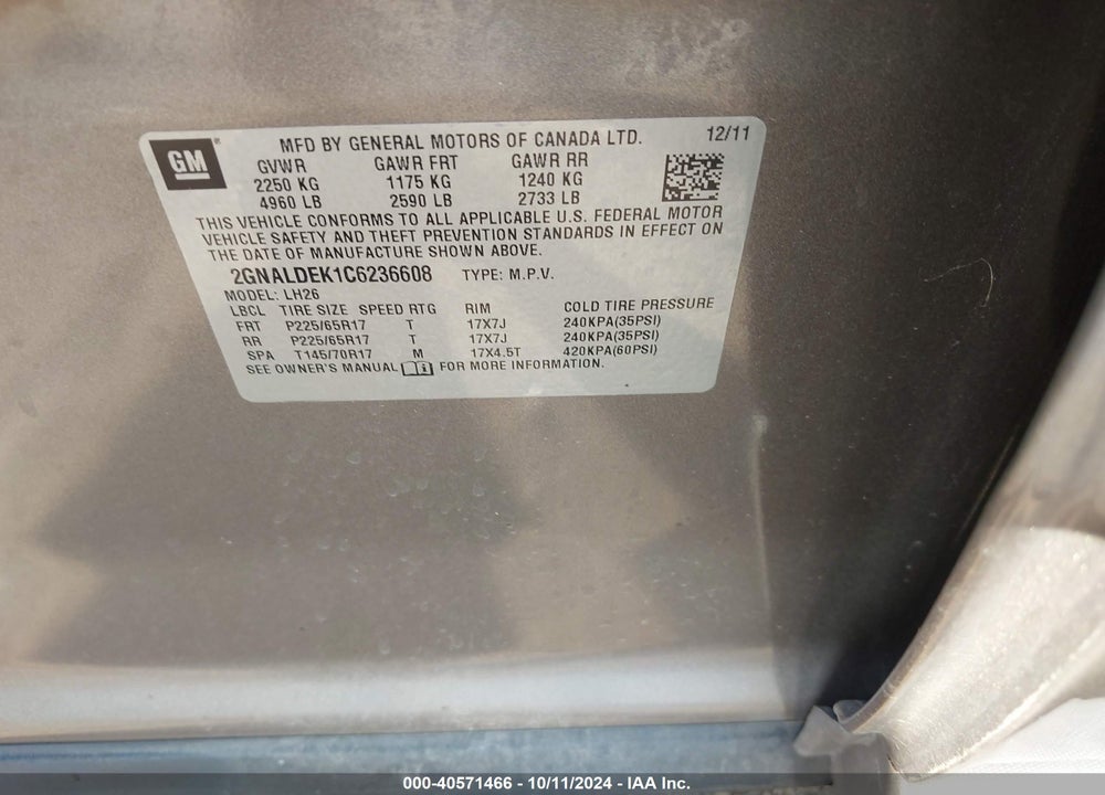 2012 CHEVROLET EQUINOX 1LT VIN: 2GNALDEK1C6236608