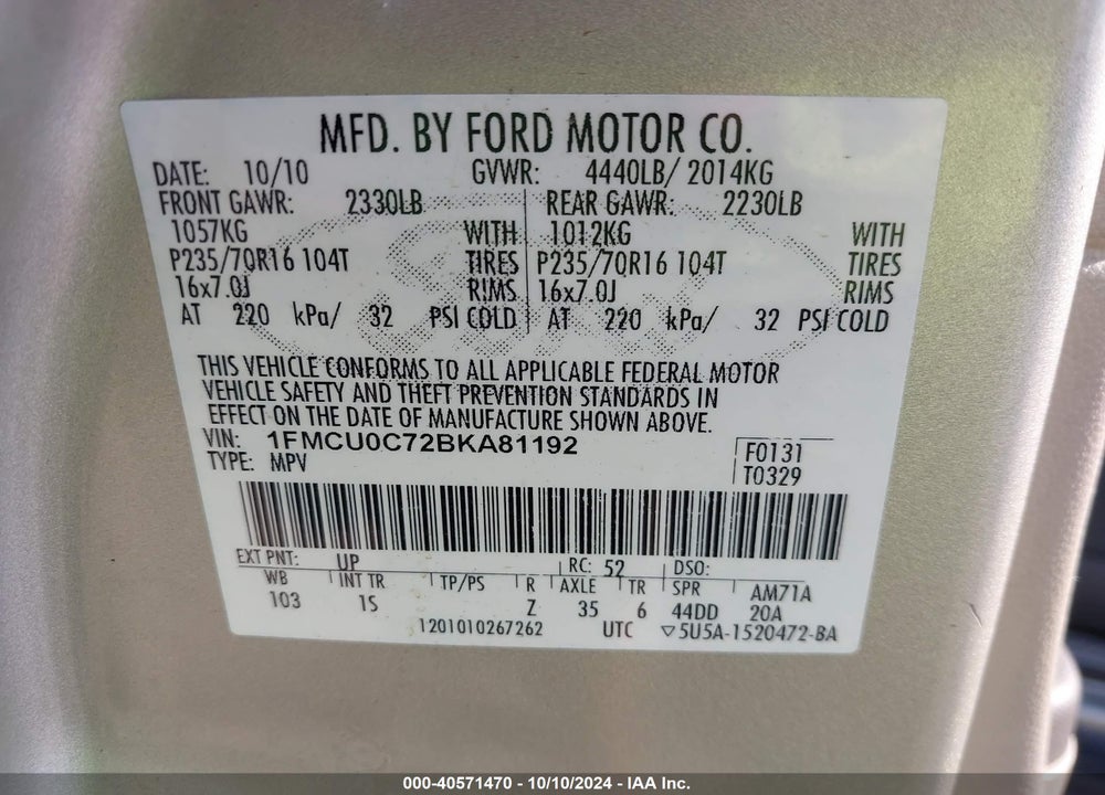 2011 FORD ESCAPE XLS VIN: 1FMCU0C72BKA81192