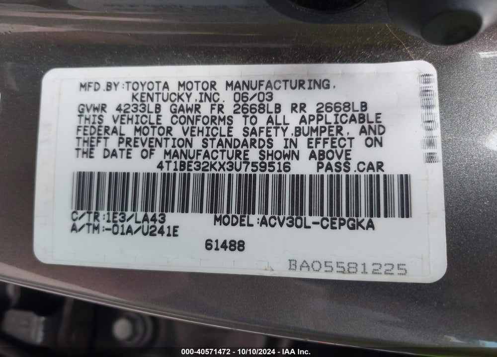 2003 TOYOTA CAMRY XLE VIN: 4T1BE32KX3U759516