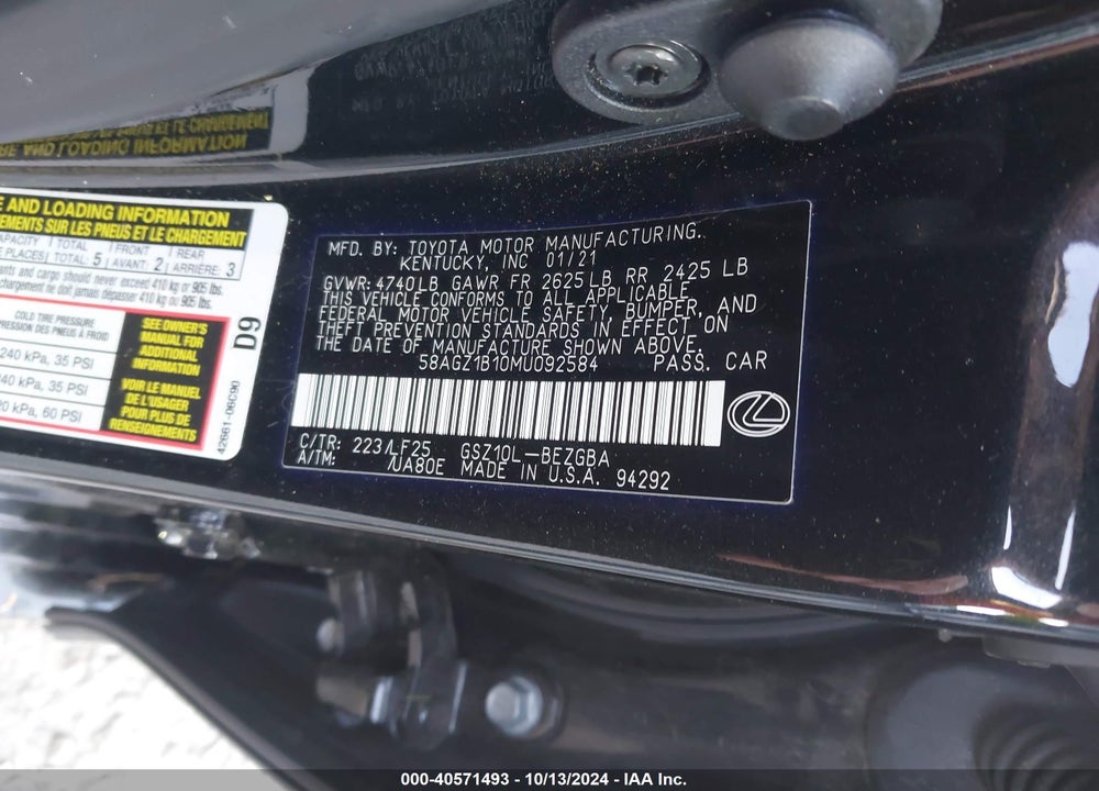 2021 LEXUS ES 350 F-SPORT VIN: 58AGZ1B10MU092584