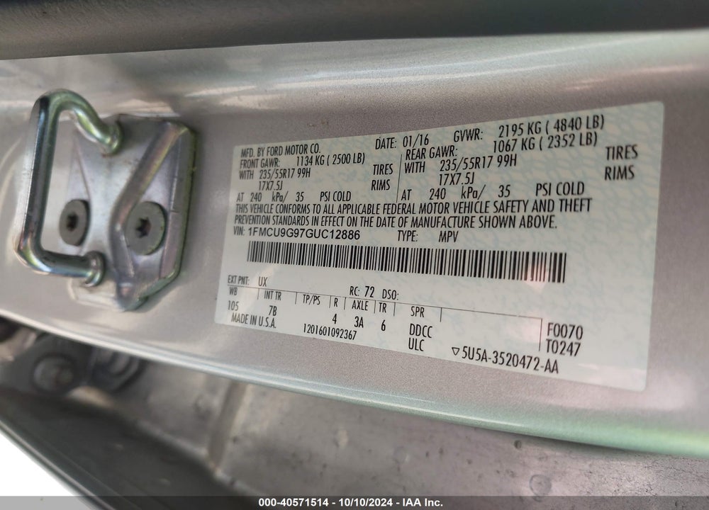 2016 FORD ESCAPE SE VIN: 1FMCU9G97GUC12886