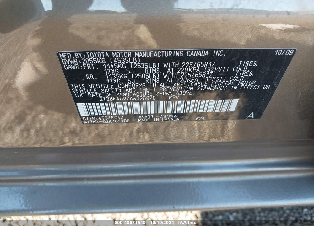 2010 TOYOTA RAV4 VIN: 2T3BF4DV7AW026970