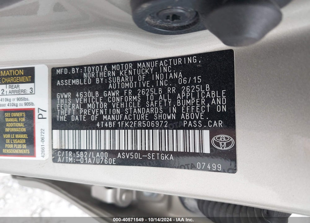 2015 TOYOTA CAMRY XLE VIN: 4T4BF1FK2FR506972