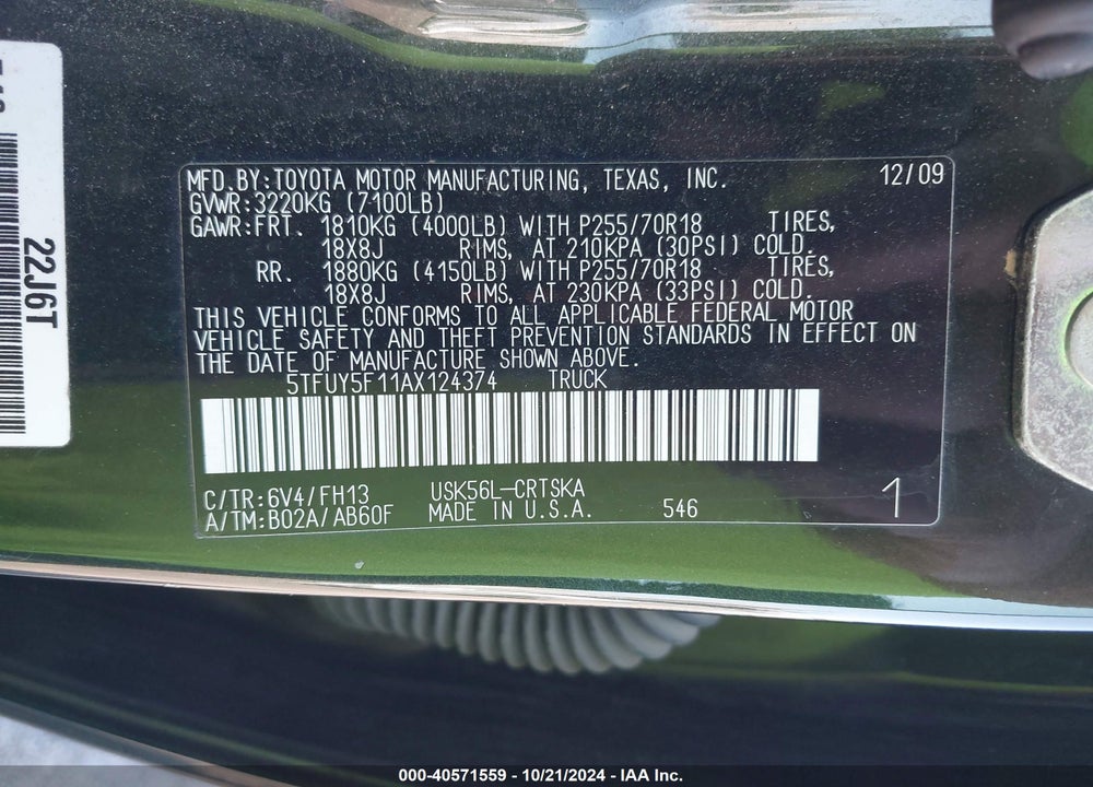 2010 TOYOTA TUNDRA GRADE 5.7L V8 VIN: 5TFUY5F11AX124374