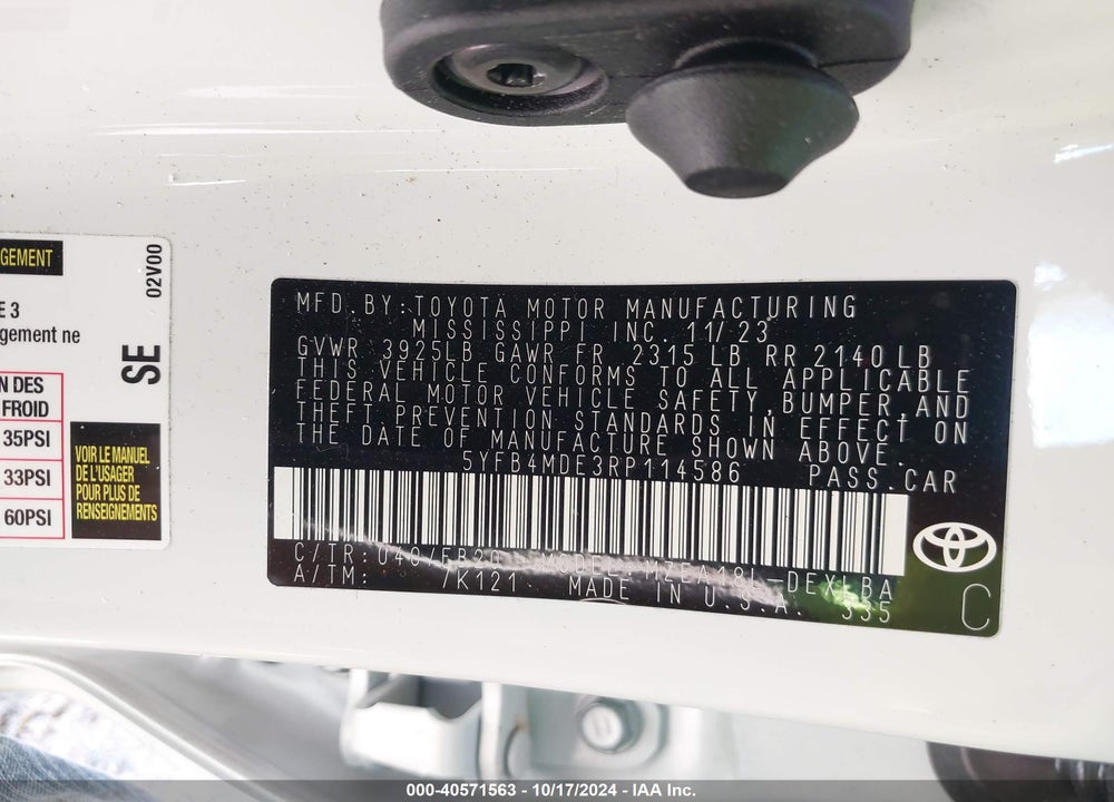 2024 TOYOTA COROLLA LE VIN: 5YFB4MDE3RP114586