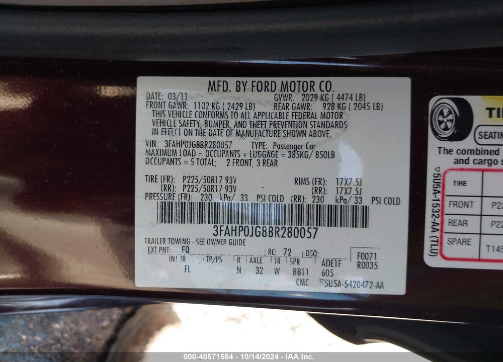 2011 FORD FUSION SEL VIN: 3FAHP0JG8BR280057