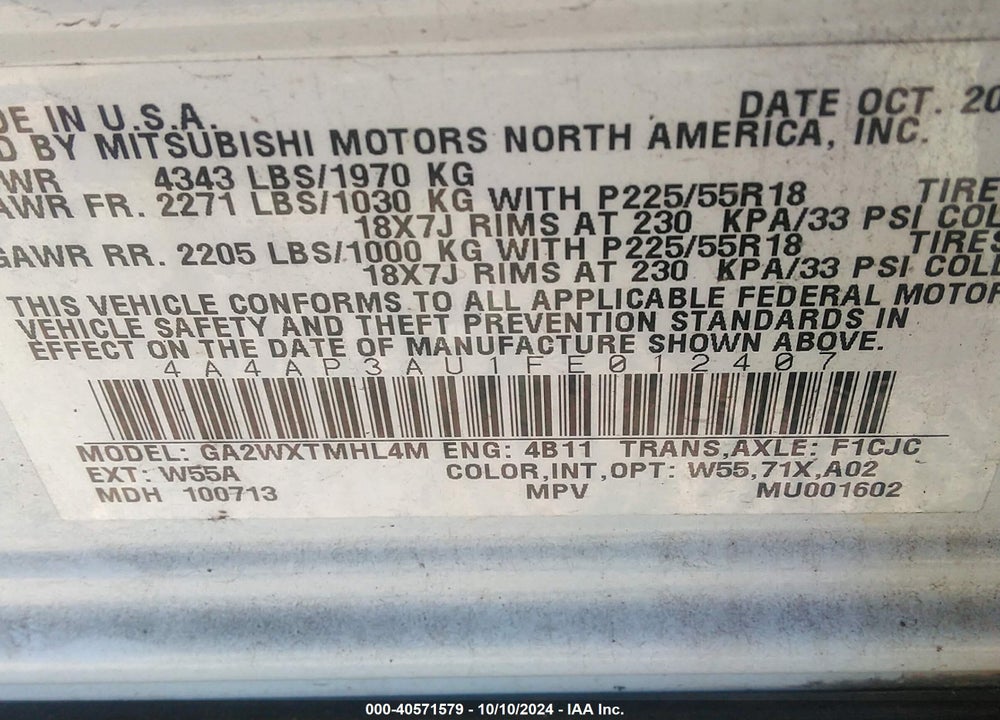 2015 MITSUBISHI OUTLANDER SPORT ES VIN: 4A4AP3AU1FE012407