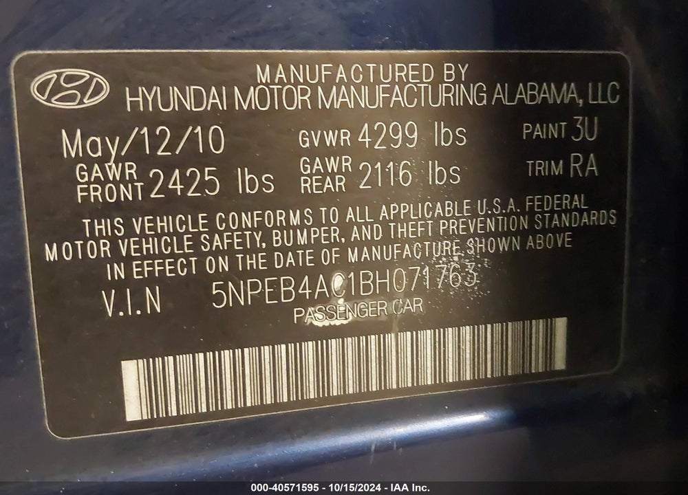 2011 HYUNDAI SONATA GLS VIN: 5NPEB4AC1BH071763
