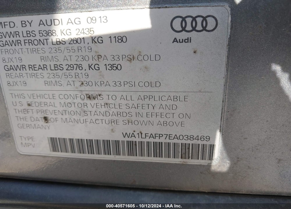 2014 AUDI Q5 2.0T PREMIUM VIN: WA1LFAFP7EA038469