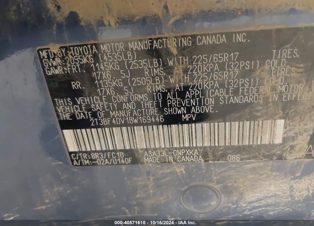 2011 TOYOTA RAV4 VIN: 2T3BF4DV1BW169446