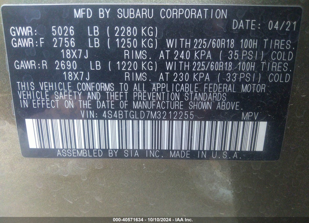 2021 SUBARU OUTBACK ONYX EDITION XT VIN: 4S4BTGLD7M3212255