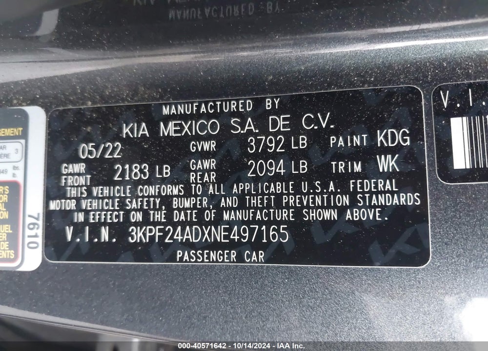 2022 KIA FORTE LXS VIN: 3KPF24ADXNE497165