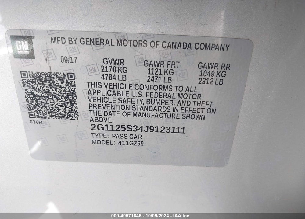 2018 CHEVROLET IMPALA 2LZ VIN: 2G1125S34J9123111