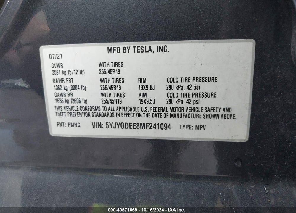 2021 TESLA MODEL Y LONG RANGE DUAL MOTOR ALL-WHEEL DRIVE VIN: 5YJYGDEE8MF241094