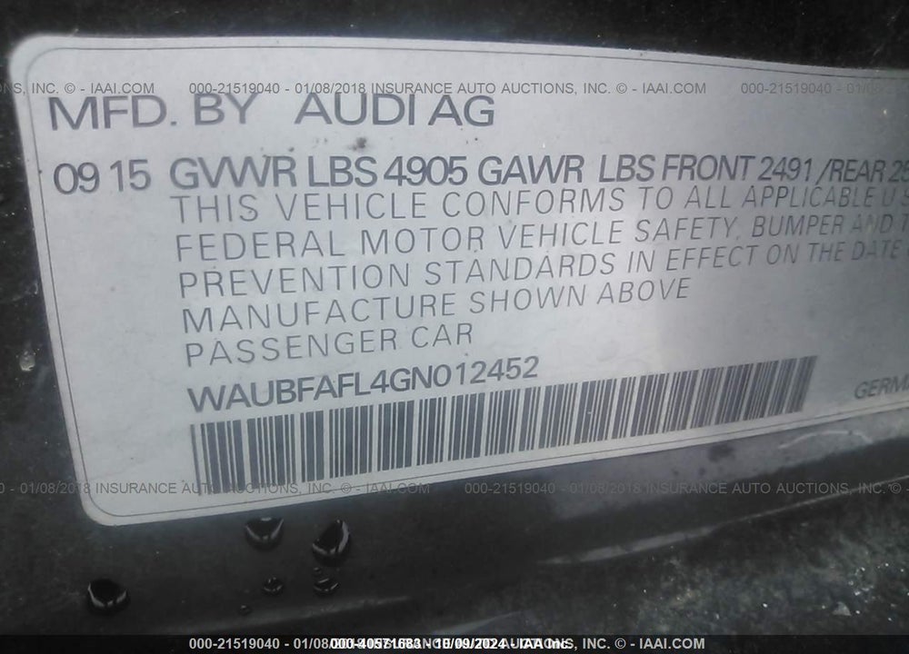 2016 AUDI A4 2.0T PREMIUM VIN: WAUBFAFL4GN012452