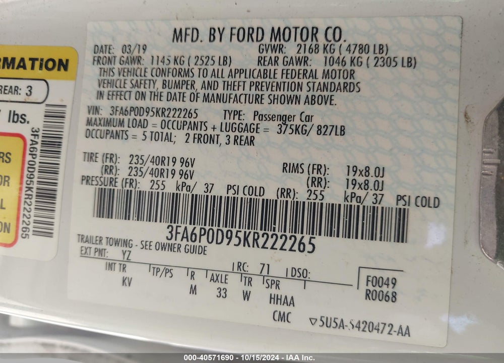 2019 FORD FUSION VIN: 3FA6P0D95KR222265