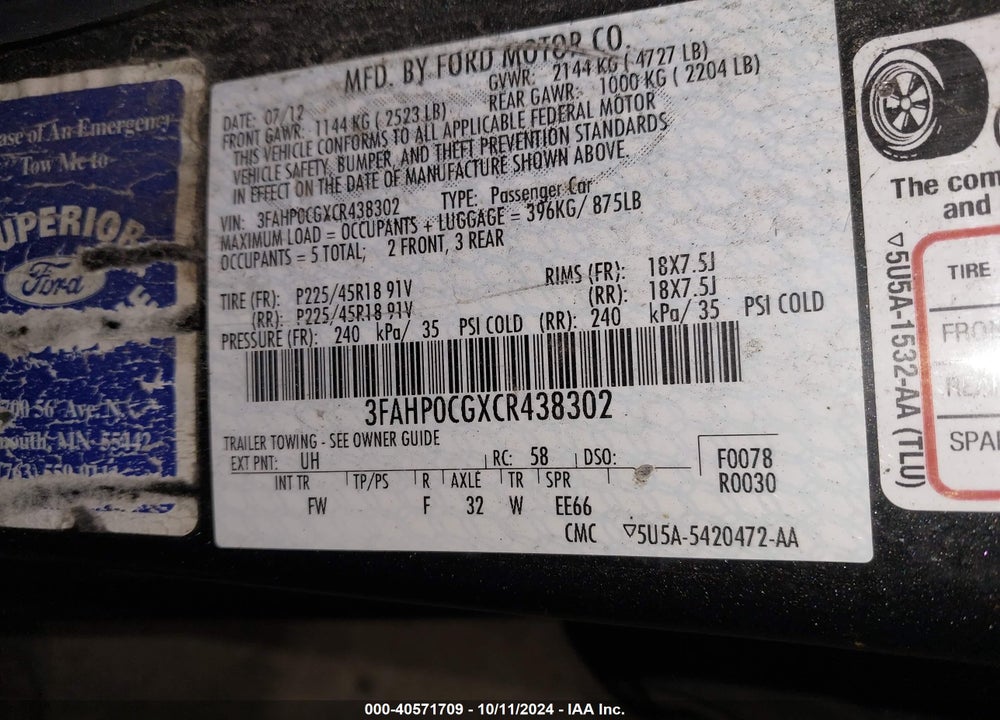 2012 FORD FUSION SEL VIN: 3FAHP0CGXCR438302