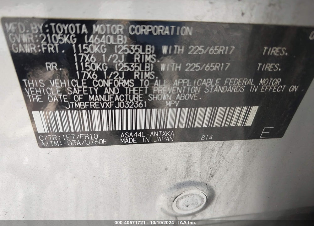 2015 TOYOTA RAV4 LE VIN: JTMBFREVXFJ032361