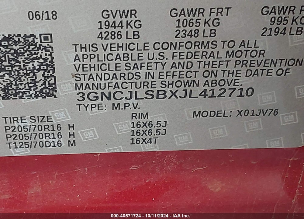 2018 CHEVROLET TRAX LT VIN: 3GNCJLSBXJL412710