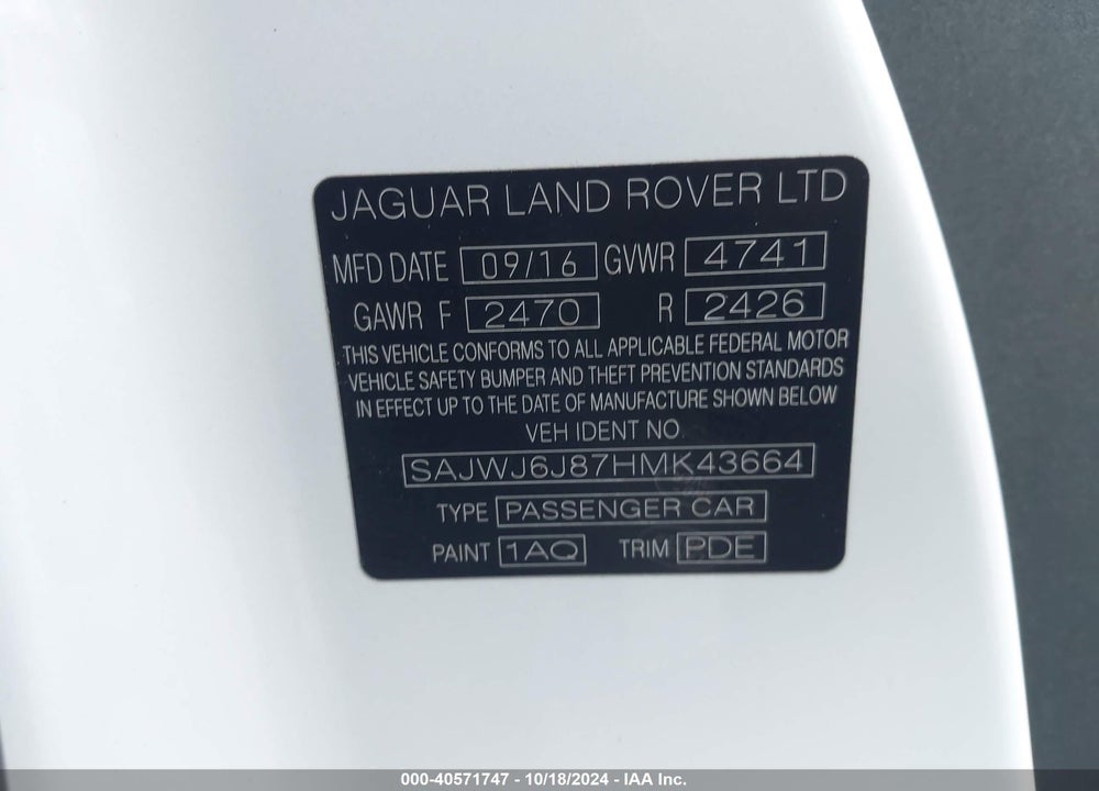 2017 JAGUAR F-TYPE SVR VIN: SAJWJ6J87HMK43664