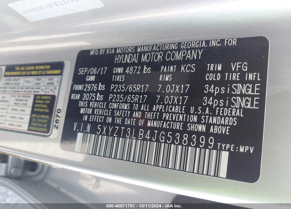 2018 HYUNDAI SANTA FE SPORT 2.4L VIN: 5XYZT3LB4JG538399