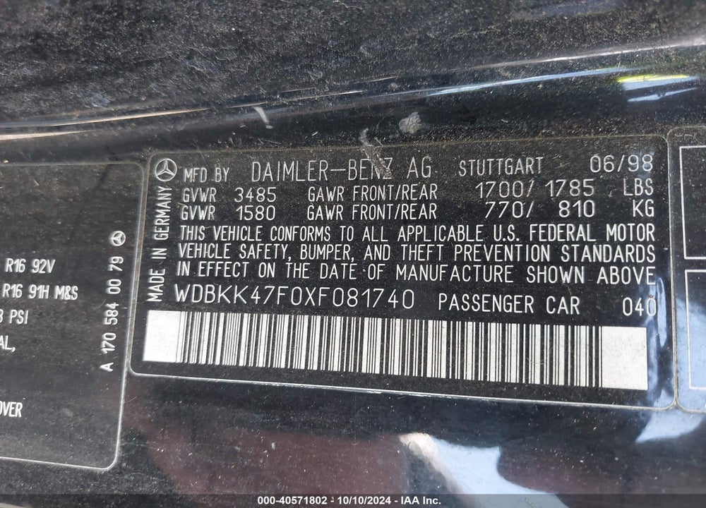 1999 MERCEDES-BENZ SLK 230 KOMPRESSOR VIN: WDBKK47F0XF081740