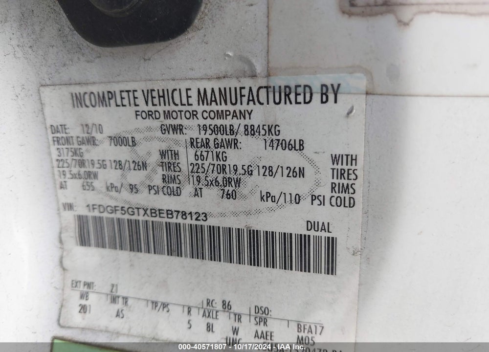 2011 FORD F-550 CHASSIS XL VIN: 1FDGF5GTXBEB78123