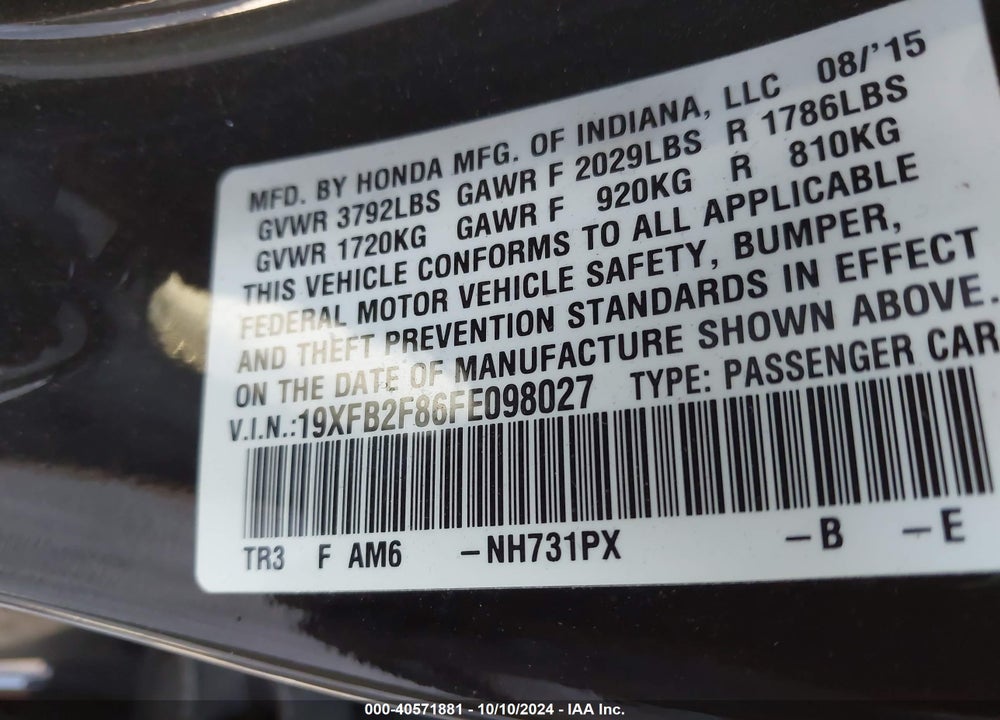 2015 HONDA CIVIC VIN: 19XFB2F86FE098027