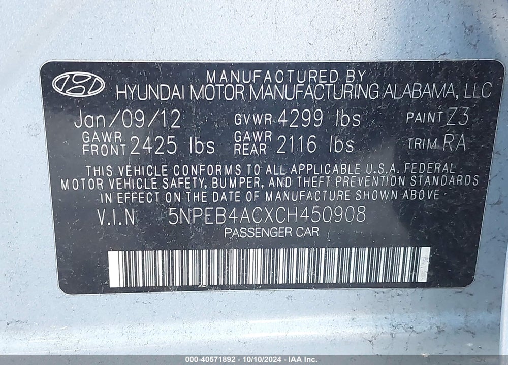2012 HYUNDAI SONATA GLS VIN: 5NPEB4ACXCH450908