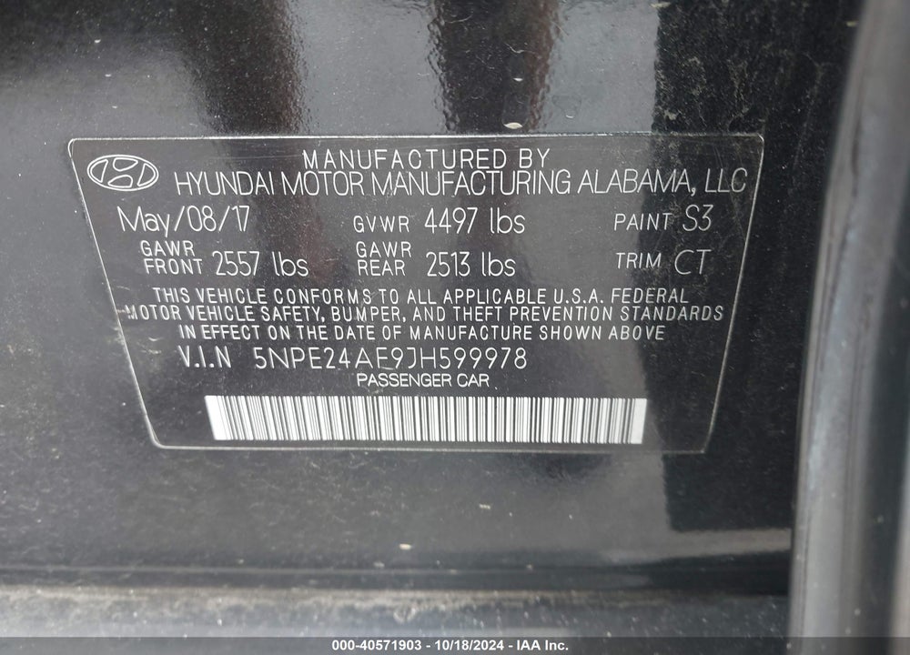 2018 HYUNDAI SONATA SE VIN: 5NPE24AF9JH599978