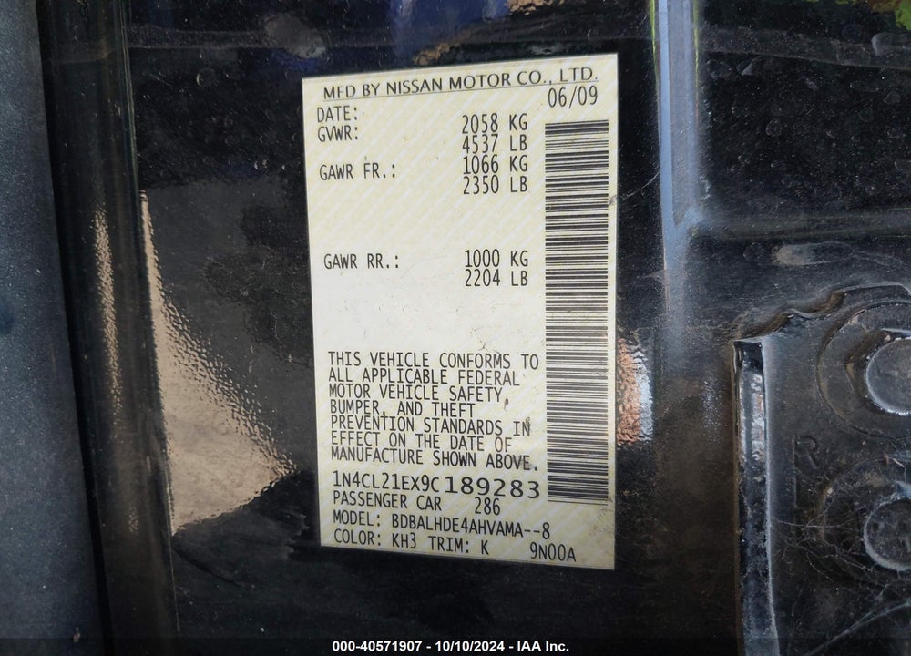 2009 NISSAN ALTIMA HYBRID VIN: 1N4CL21EX9C189283