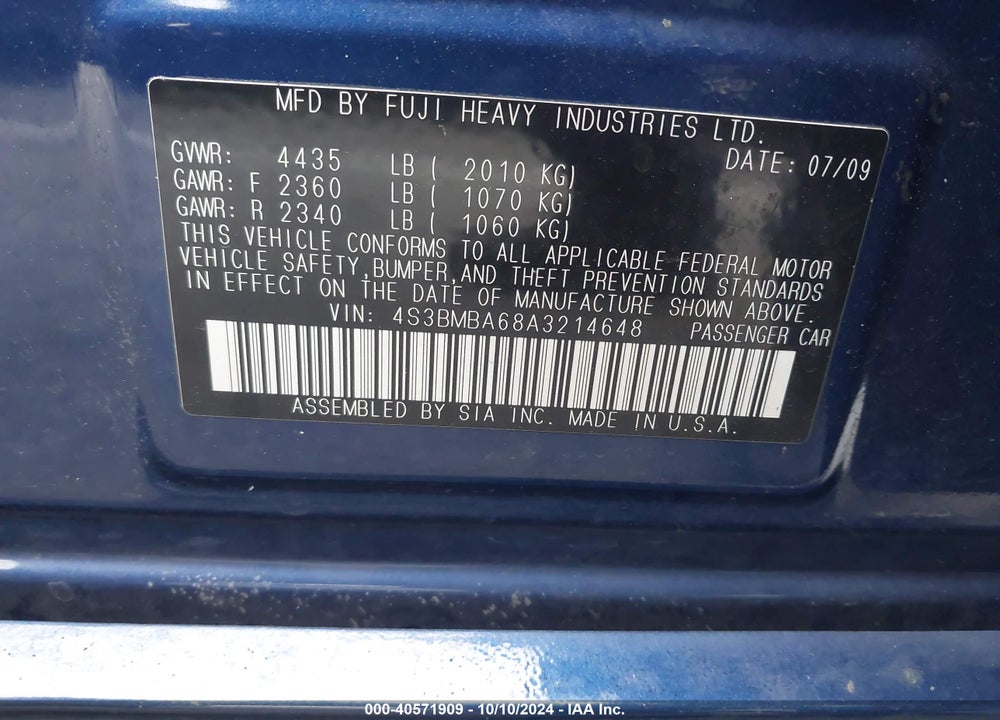 2010 SUBARU LEGACY 2.5I VIN: 4S3BMBA68A3214648