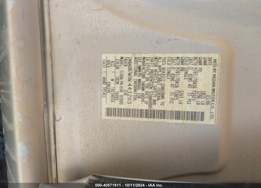 2006 NISSAN FRONTIER SE VIN: 1N6AD07W36C443203