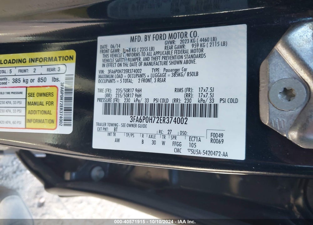 2014 FORD FUSION SE VIN: 3FA6P0H72ER374002