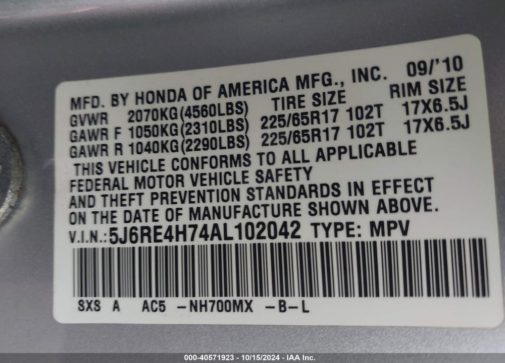 2010 HONDA CR-V EX-L VIN: 5J6RE4H74AL102042