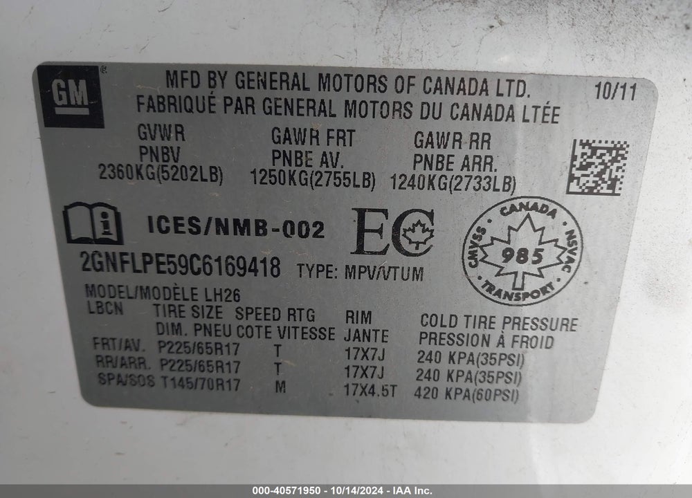 2012 CHEVROLET EQUINOX 2LT VIN: 2GNFLPE59C6169418