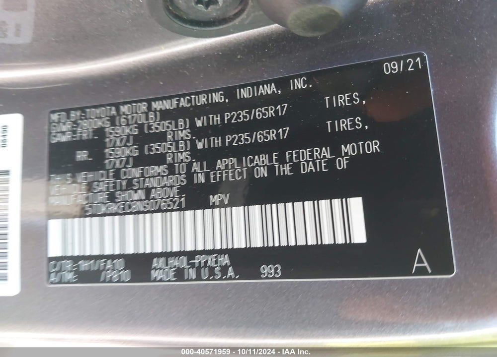 2022 TOYOTA SIENNA LE VIN: 5TDKRKEC8NS076521