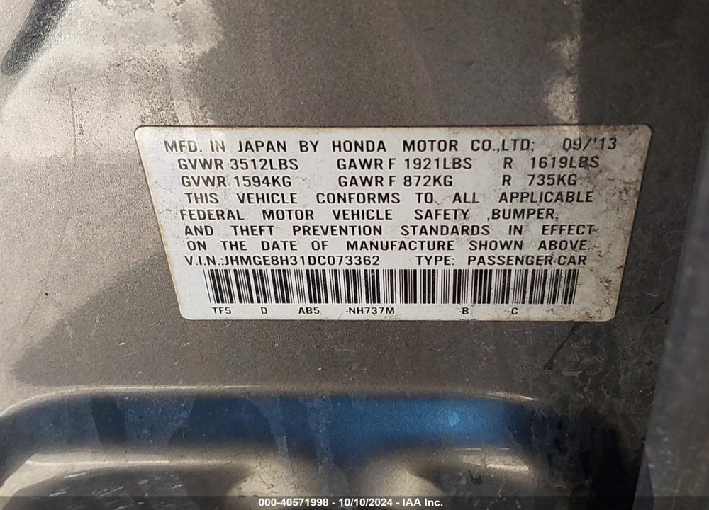 2013 HONDA FIT VIN: JHMGE8H31DC073362
