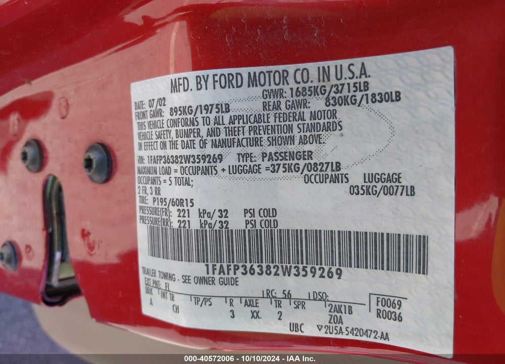 2002 FORD FOCUS SE/ZTW VIN: 1FAFP36382W359269
