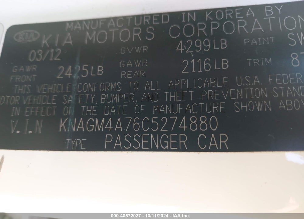 2012 KIA OPTIMA LX VIN: KNAGM4A76C5274880