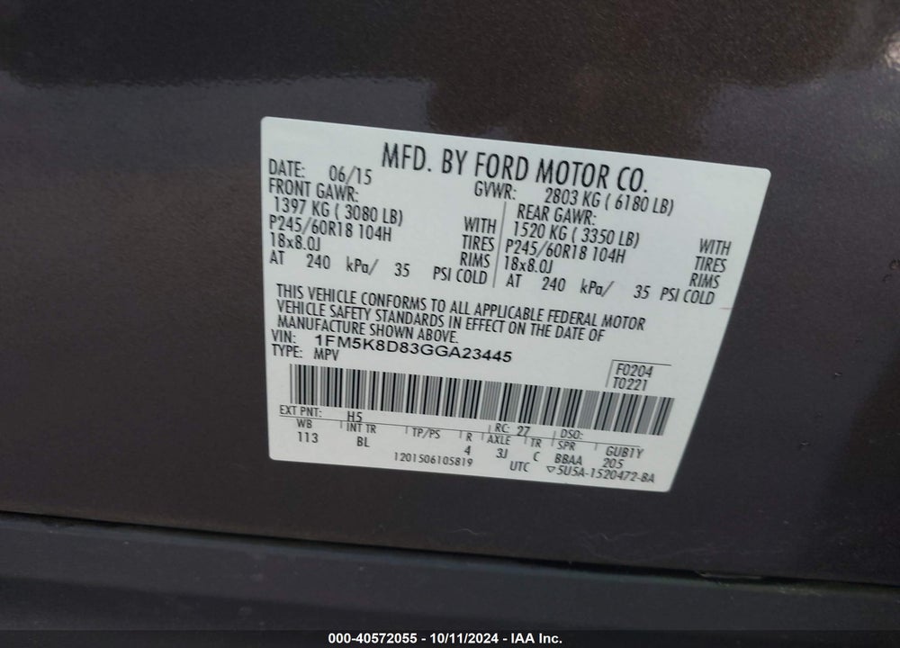 2016 FORD EXPLORER XLT VIN: 1FM5K8D83GGA23445