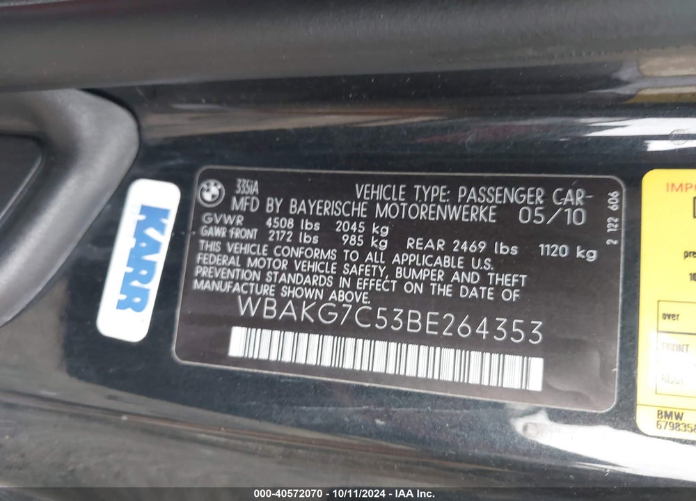 2011 BMW 335I VIN: WBAKG7C53BE264353