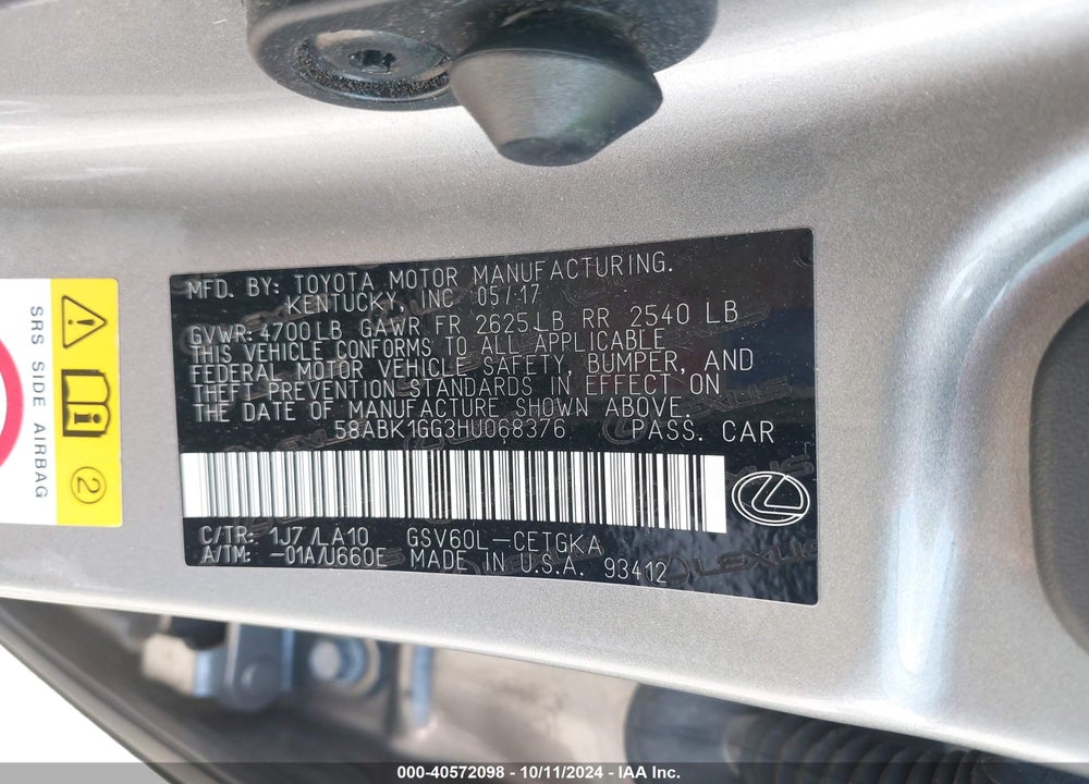 2017 LEXUS ES 350 VIN: 58ABK1GG3HU068376